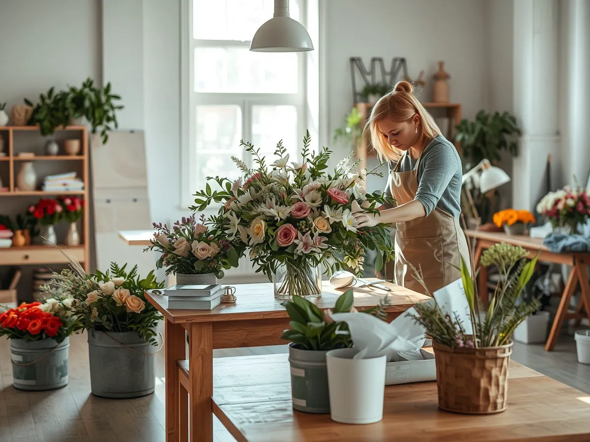 花艺师在工作室中制作花艺方案