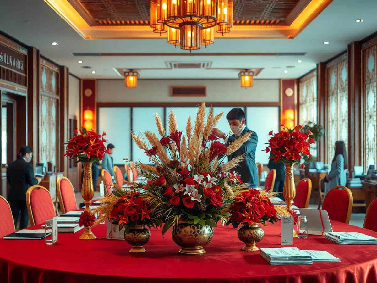 中式婚宴宴会厅主桌花艺布置，红色金色调，花艺师调整花艺作品