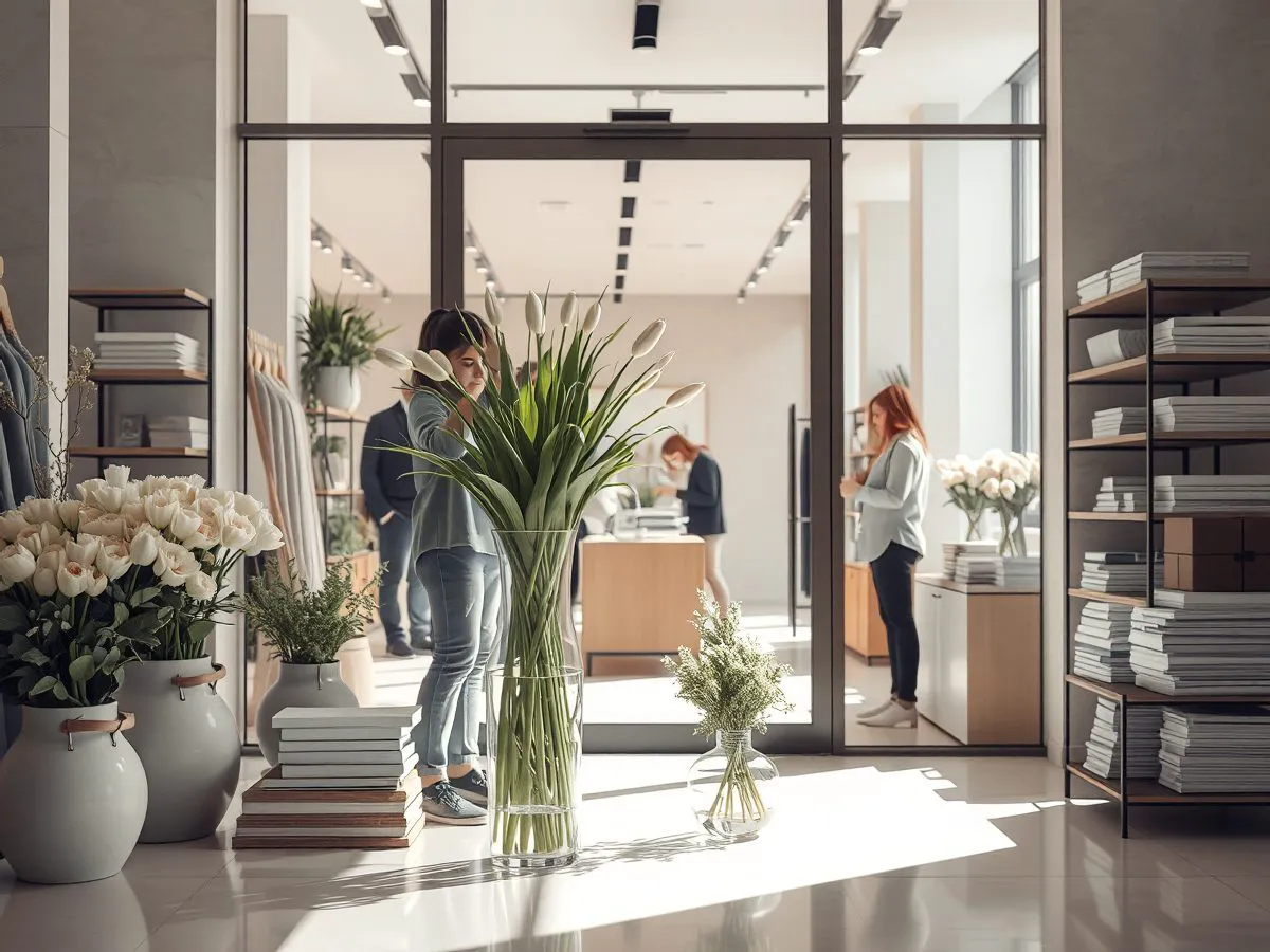 品牌门店入口花艺装饰场景，白色郁金香与尤加利叶搭配